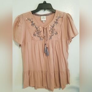 Knox Rose Pink Embroidered Flower Blouse with Tassels